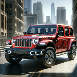 DALL·E 2023 11 23 22.18.00 A modern Jeep Wrangler JL in an urban environment highlighting its sleek design and versatility. The vehicle is painted in a bright red featuring mo